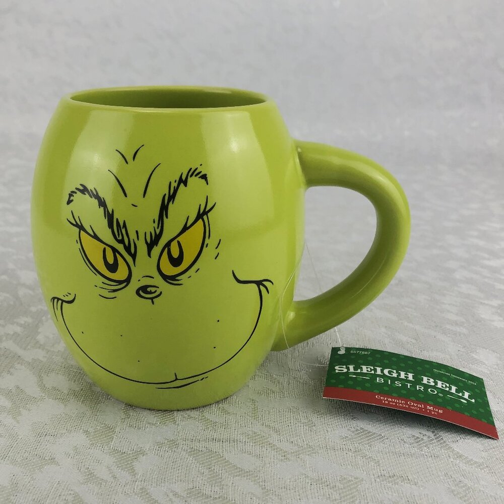 Sleigh Bell Bistro Grinch 18 oz Ceramic Oval Mug with Max and Cindy Lou Who NWT